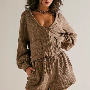 FP Beach Oasis Textured Pull On Drawstring Shorts Brown Small